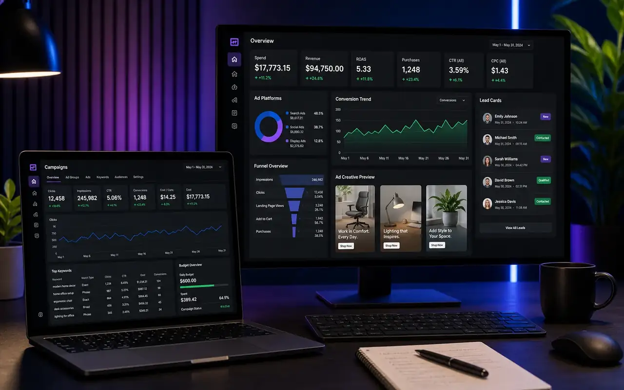 Painel visual de campanhas de Ads, funil e métricas de conversão
