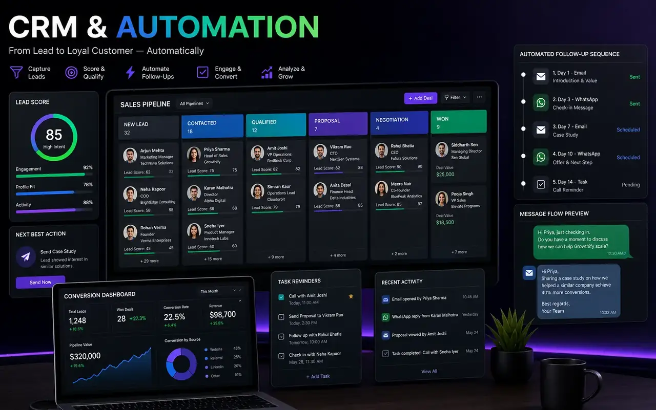 Pipeline de CRM com automações, origem de leads e etapas comerciais