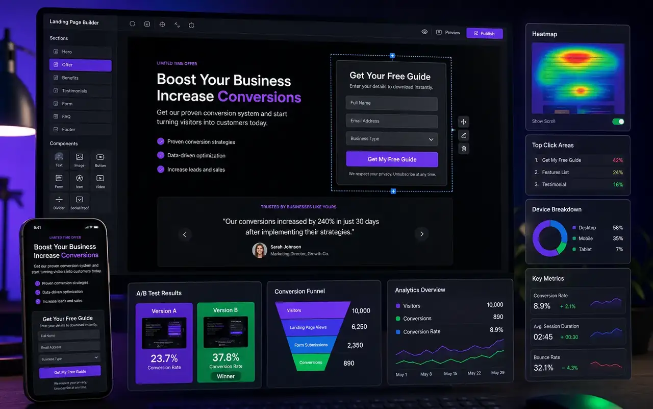 Estrutura visual de landing page com formulário, CTA e funil de conversão